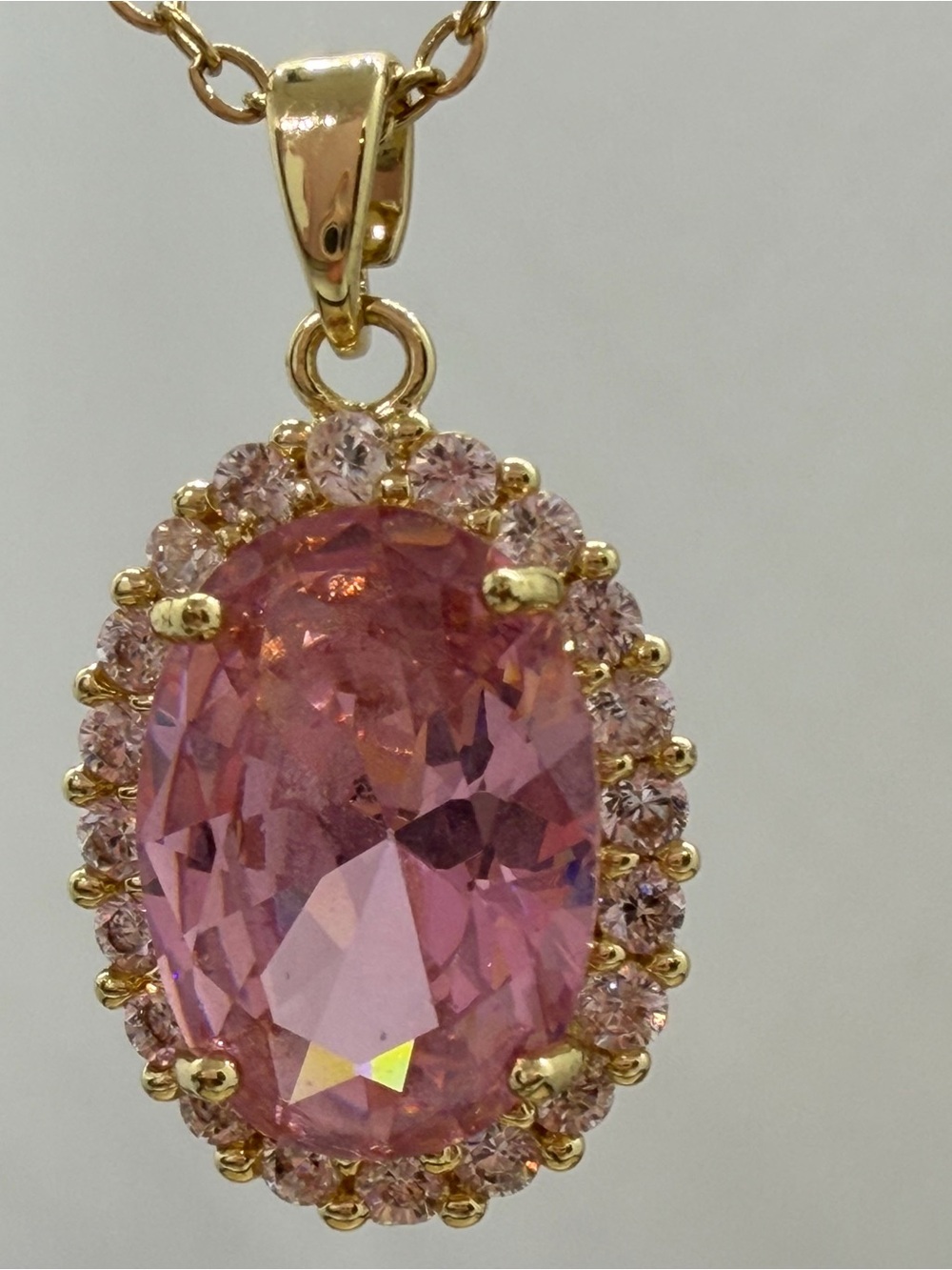 Gold-Plated Pink Oval Pendant Necklace with Halo Stones